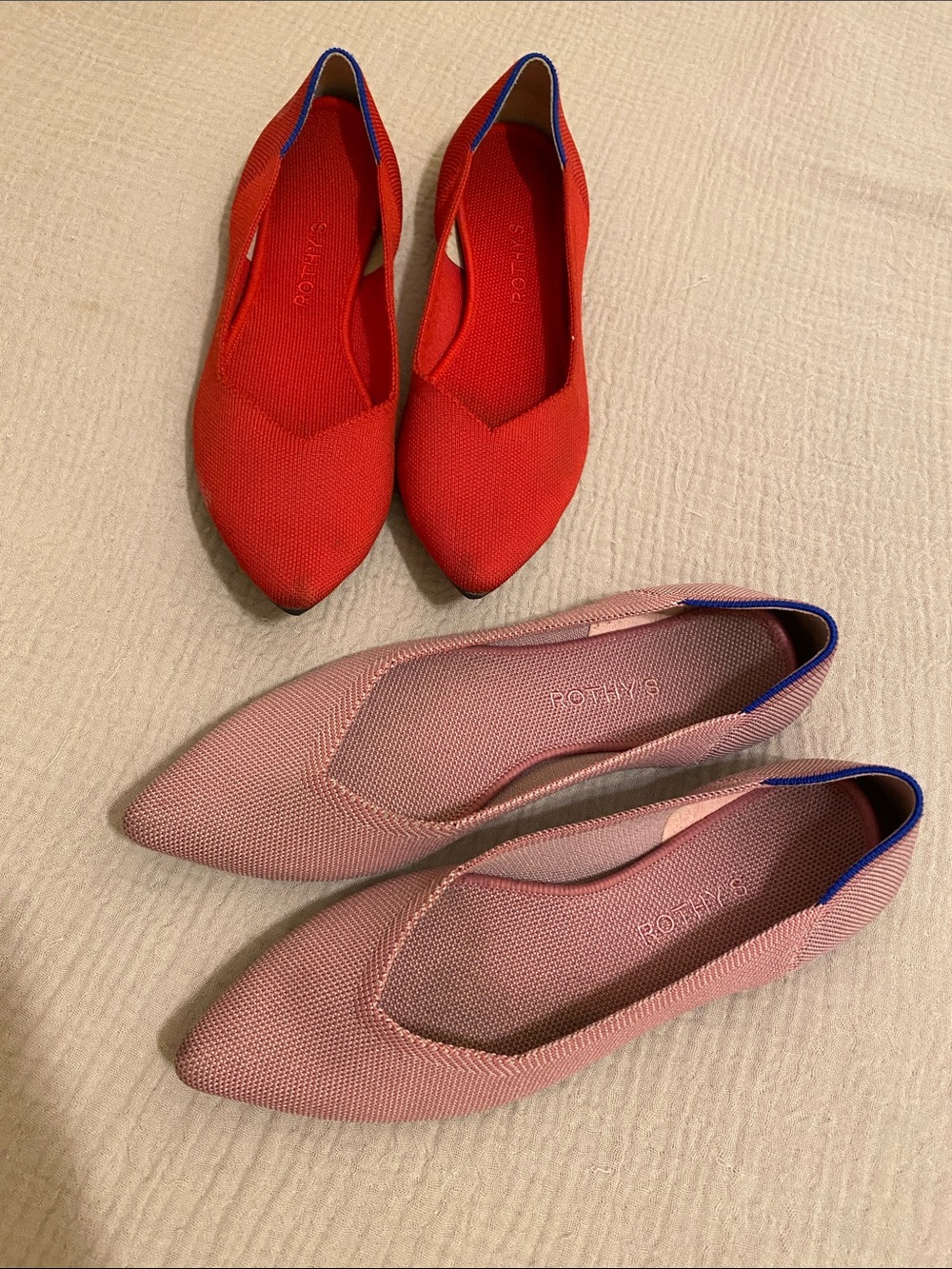Rothy's Pointed Knit Flats in Red and Blush Pink. Size 10 . Set